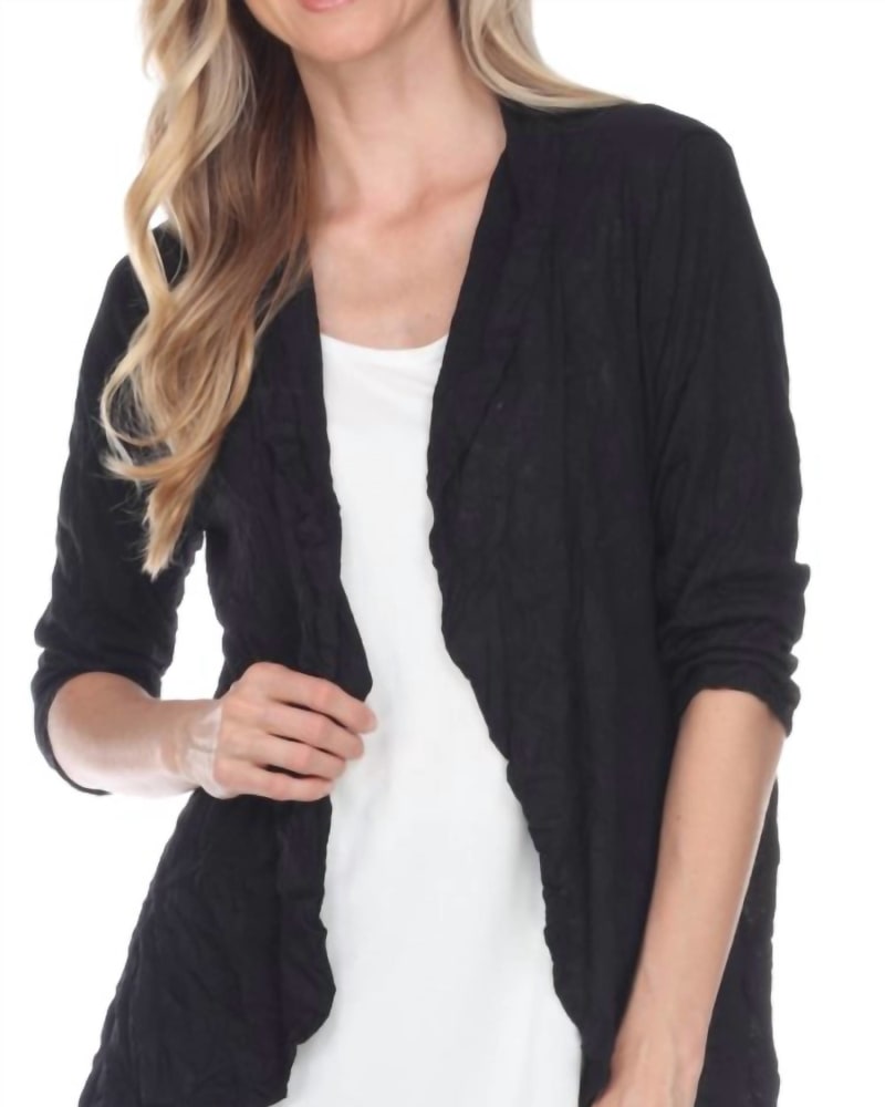 Front of a model wearing a size XX-LARGE Kate Cardigan in Black in Black by CARINE. | dia_product_style_image_id:333856